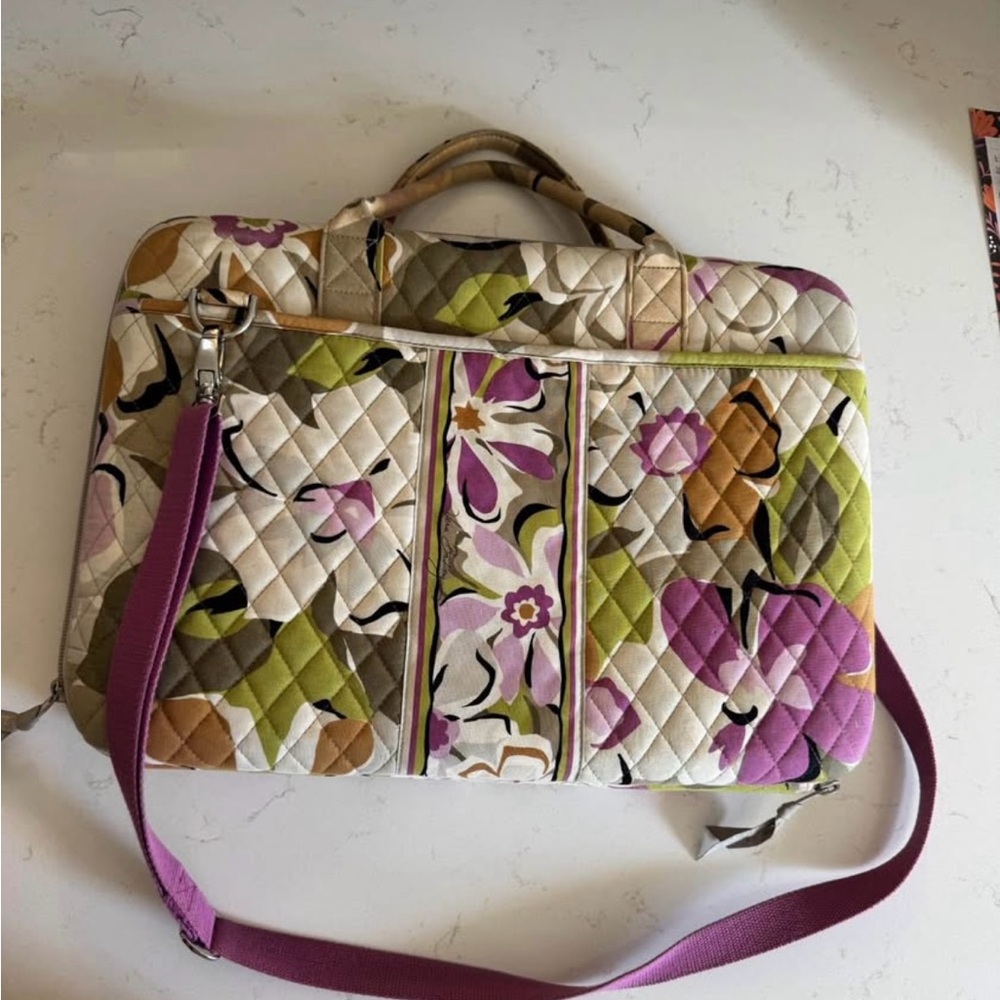 Floral Quilted Laptop Bag with Purple Strap